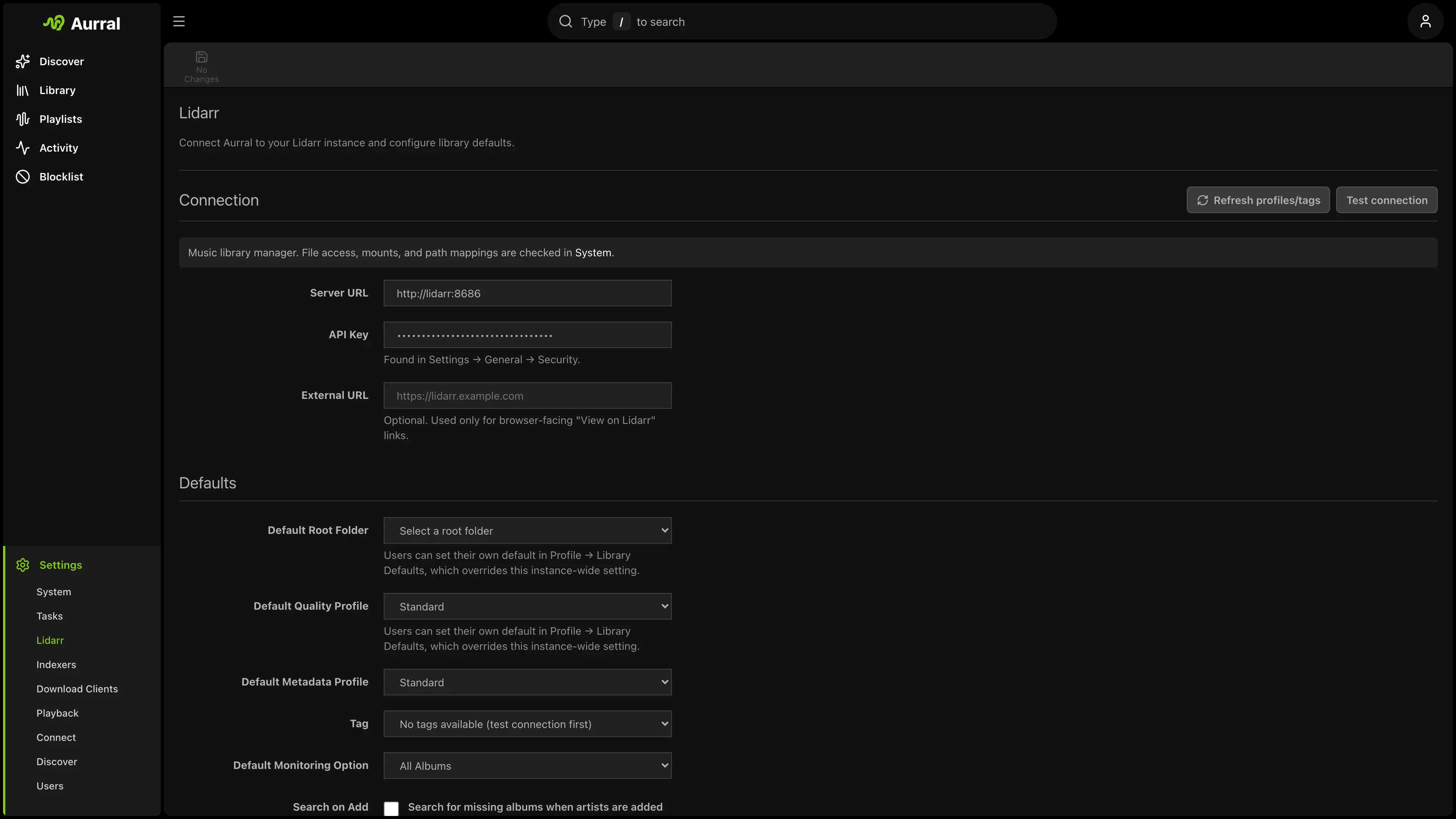 Aurral Lidarr connection settings